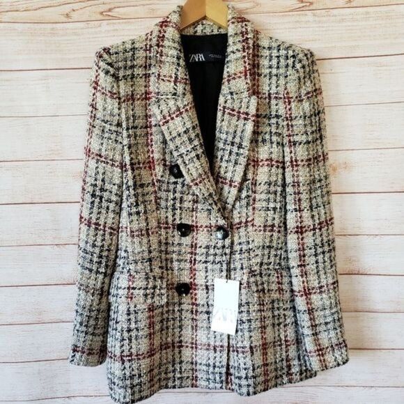 Zara Long Sleeve Double Breasted Woven Lined Blazer Front Flap Pockets Medium - Picture 8 of 16